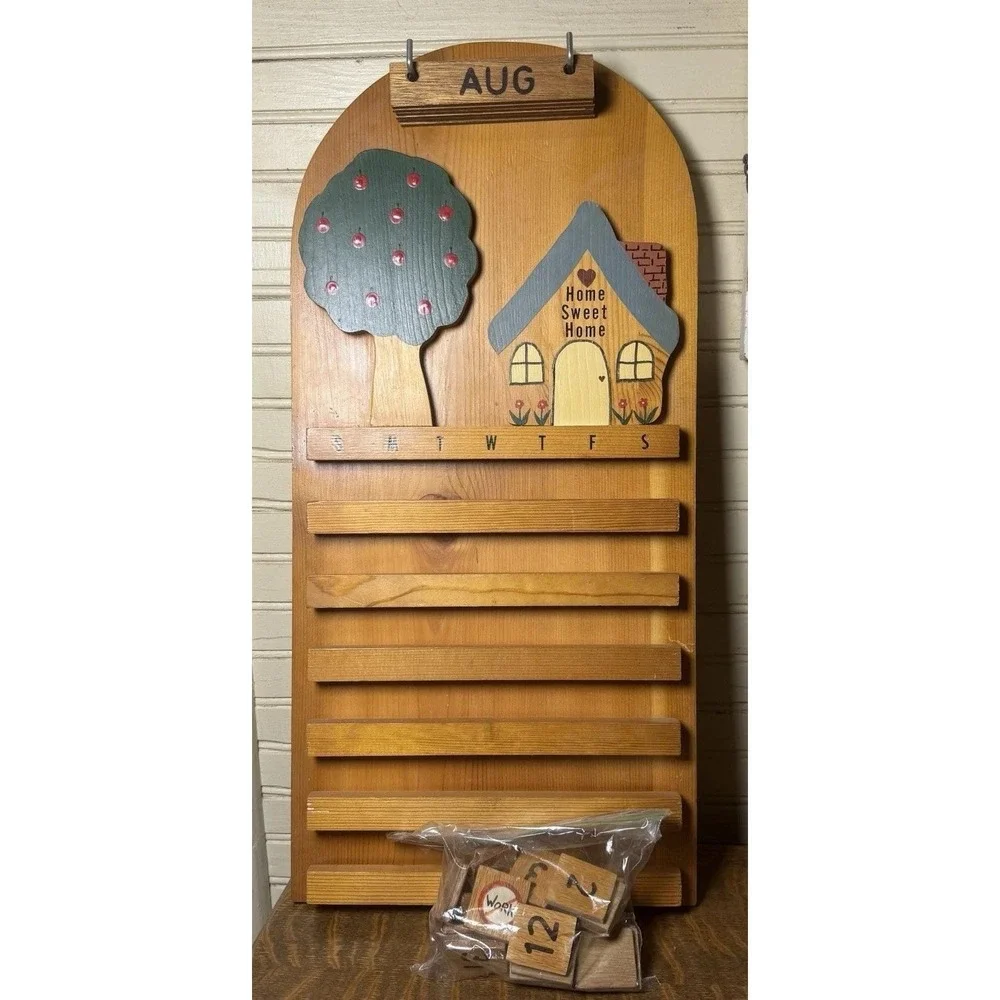 Vintage Wooden Perpetual Wall Calendar Home Sweet Home Folk Art 24